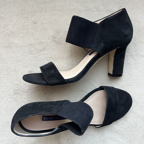 Stuart Weitzman Ezra 80 Black Suede Black Heel Sandal Women 5.5 Wide Strap Chic - Picture 13 of 13